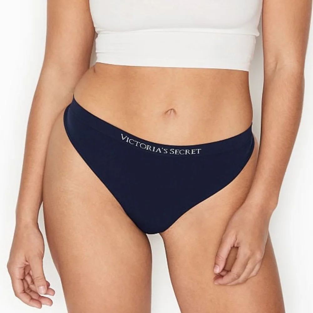 Victoria's Secret Seamless Textured Thong Panty Blue Navy Medium NEW